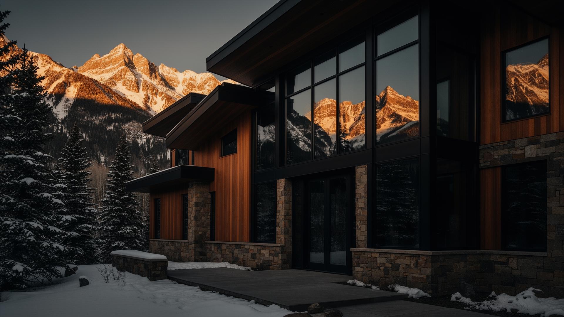 Modern mountain home with floor-to-ceiling windows at golden hour